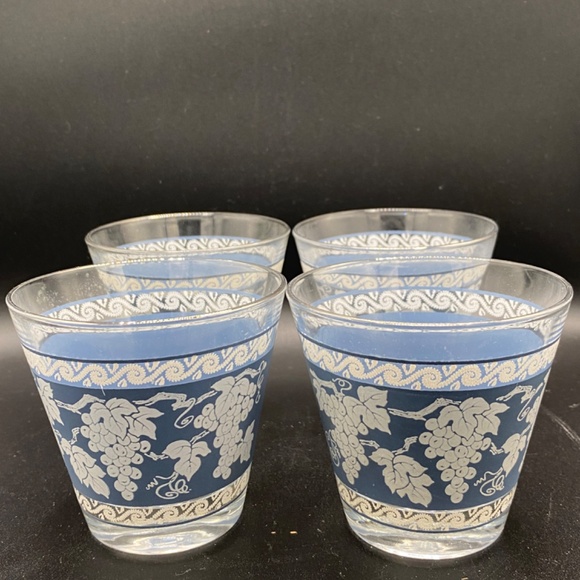 Hazel Atlas Rocks Glasses "ATC41" matt blue & white silver rim 8oz VTG 1960's - Picture 2 of 6